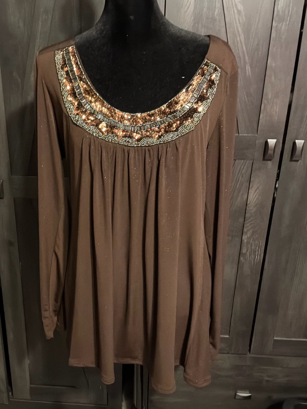 VENUS Brown Long-Sleeve Scoop Neck Top with Beaded Embellishment